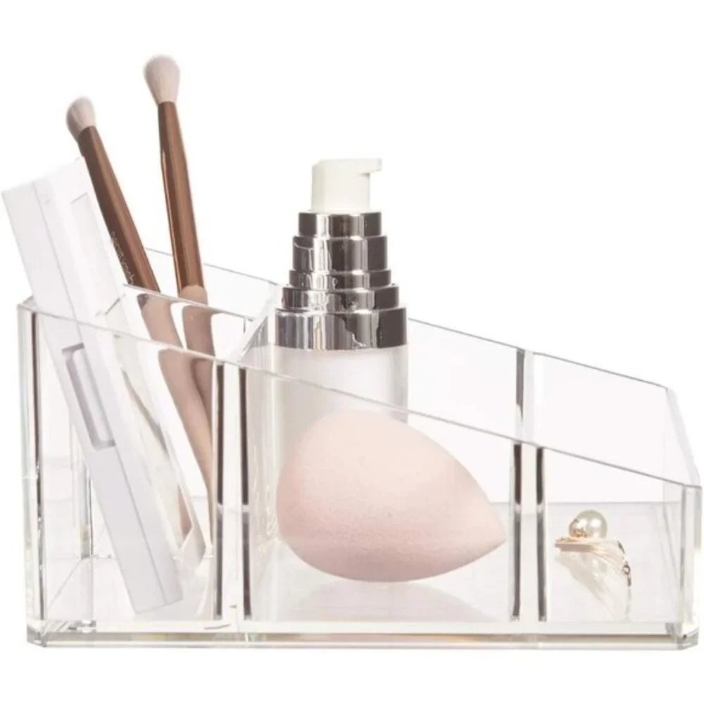 New Clear Plastic Vanity Makeup Organizer, 4-Compartment Holder for Beauty Items